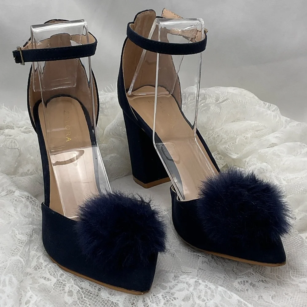 Zalore Women’s Sz6.5 Navy Blue Pointed-Toe Featuring Pom-Poms Women's Heels 0205